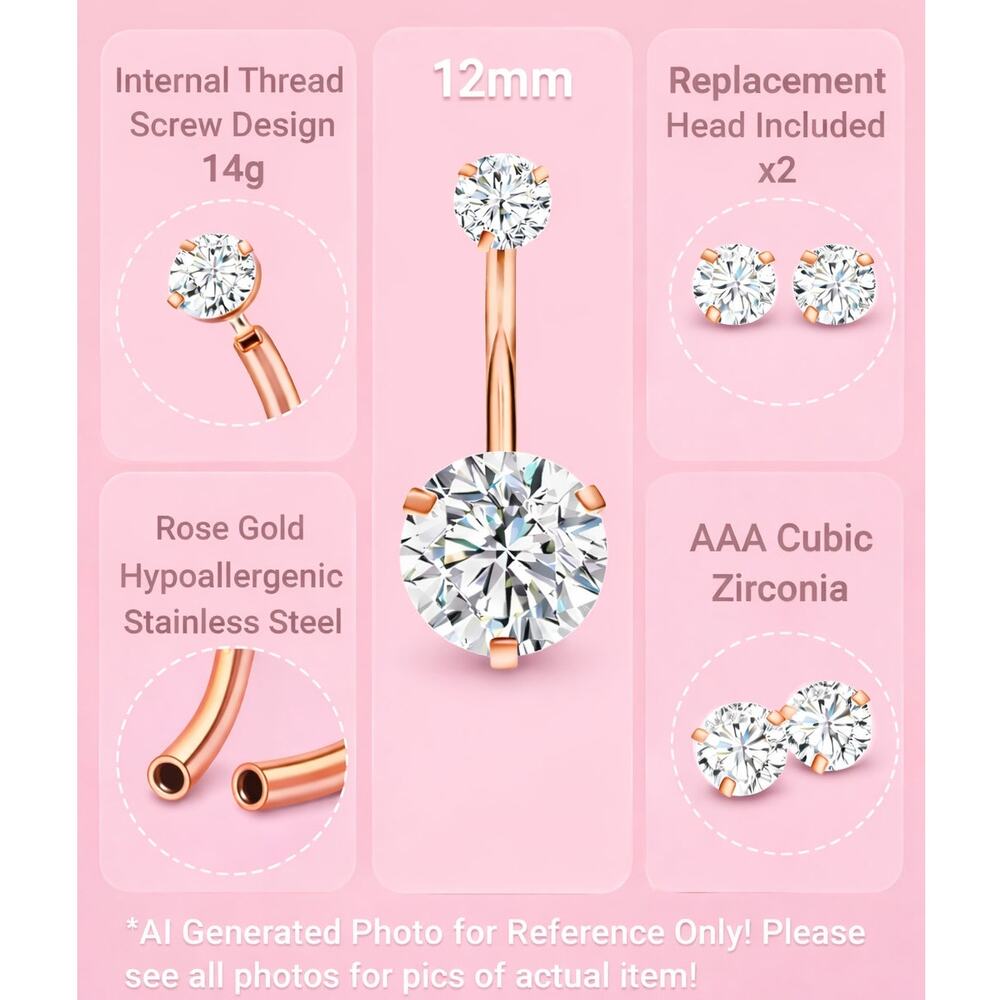 Clear CZ Rose Gold Polished Hypo 12mm Curved Barbell Belly Ring 14g + Extra Head